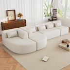110" Sectional Sofa Round Curved Couch, Modern 4 Seat Sofa with Wood Grain Chenille Fabric, Comfy Deep Seat Sponge Couch with 4 Pillows for Living Room, White
