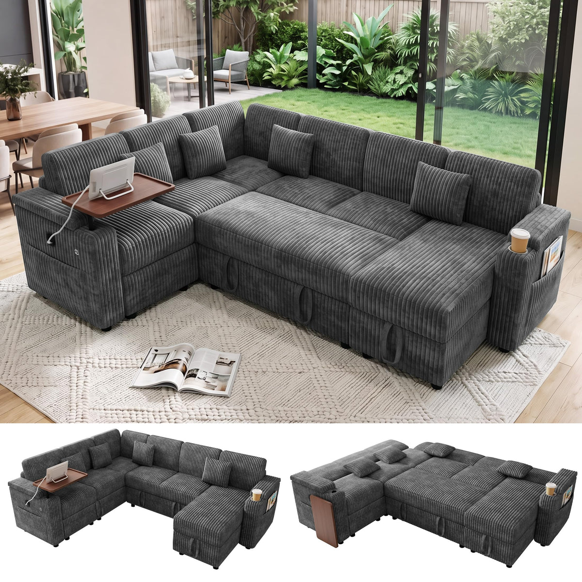 100" U Sectional Sleeper Sofa Pull Out Couch for Living Room, Grey
