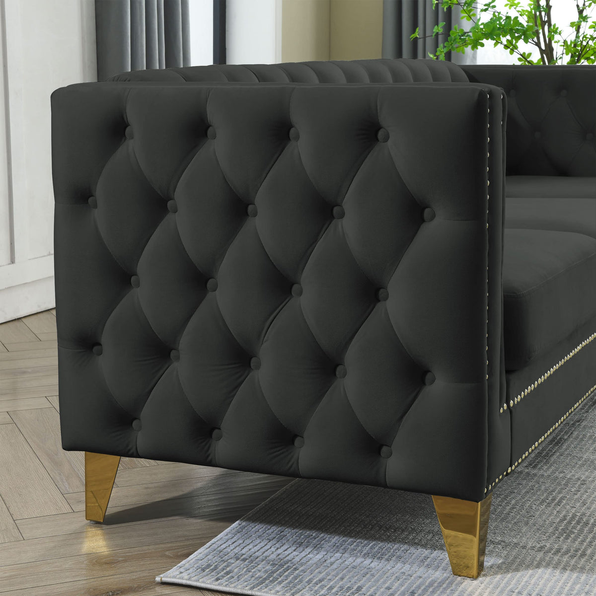 Velvet Upholstered Sofa, Buttons Tufted Couch with Square Arms, Modern Living Room Sofa with Metal Legs, Black Velvet
