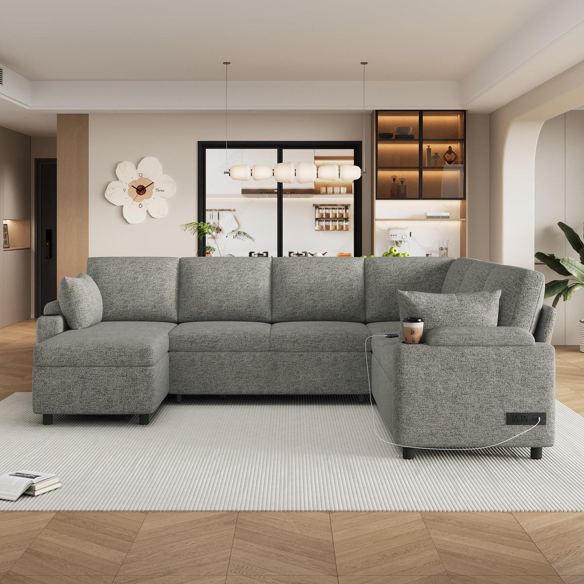 109.9" U-Shaped Sectional Sofa Bed Light Grey, Convertible Sofa with Storage Chaise, Built-in Cup Holders & Charging Ports, Chenille Fabric Living Room Furniture