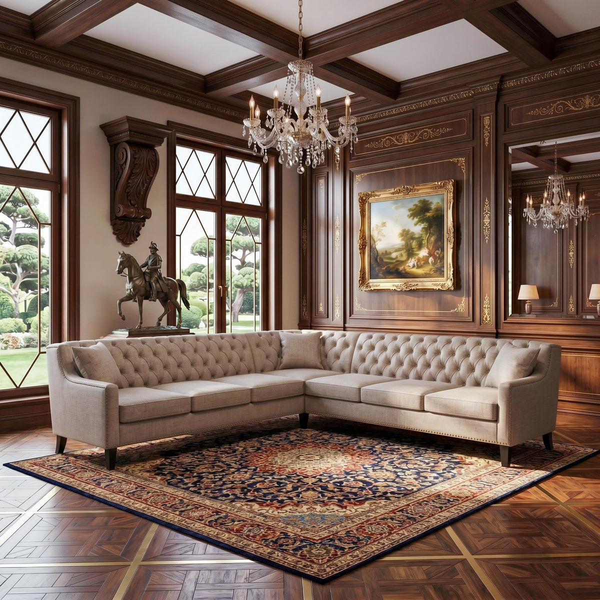 103" Chesterfield Sectional Sofa,Faux Leather Upholstered Couch,Mid-Century Style Oversized 7-Seat Button Tufted Corner Couch with Nailhead Trim,Modern L Shaped Couches for Living Room,Brown