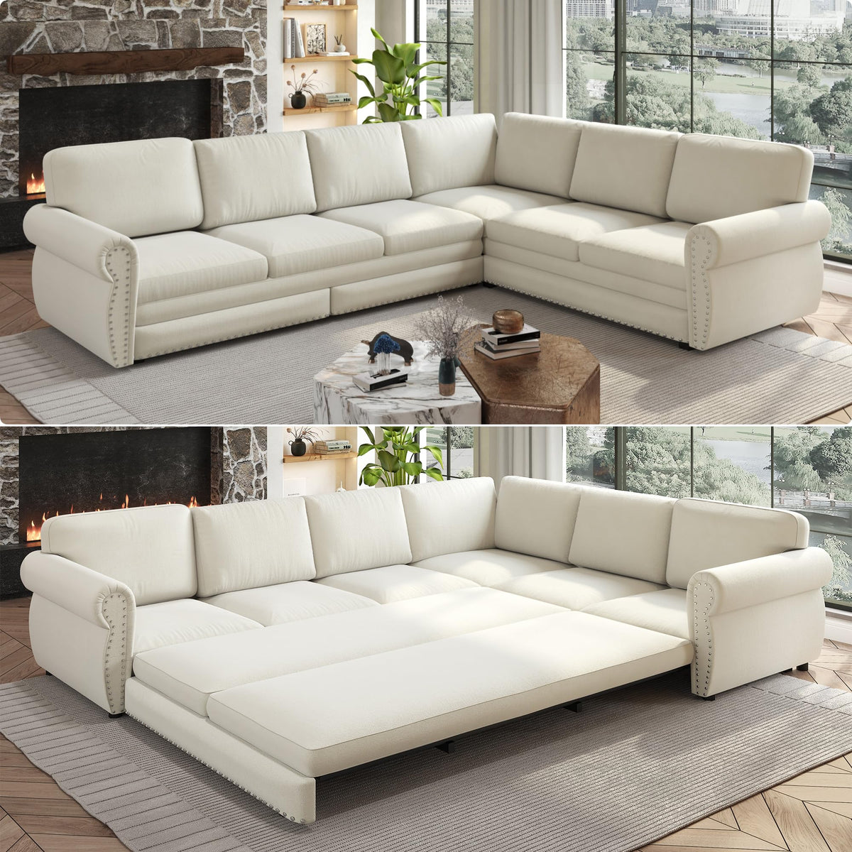 118'' Sectional Sleeper Sofa Bed King Size, Oversized Pull Out Couch, Chenille 6-Seater L-Shape Convertible Sofa with Nailhead Trim, Modern Upholstered Living Room Couches for Apartment, Beige