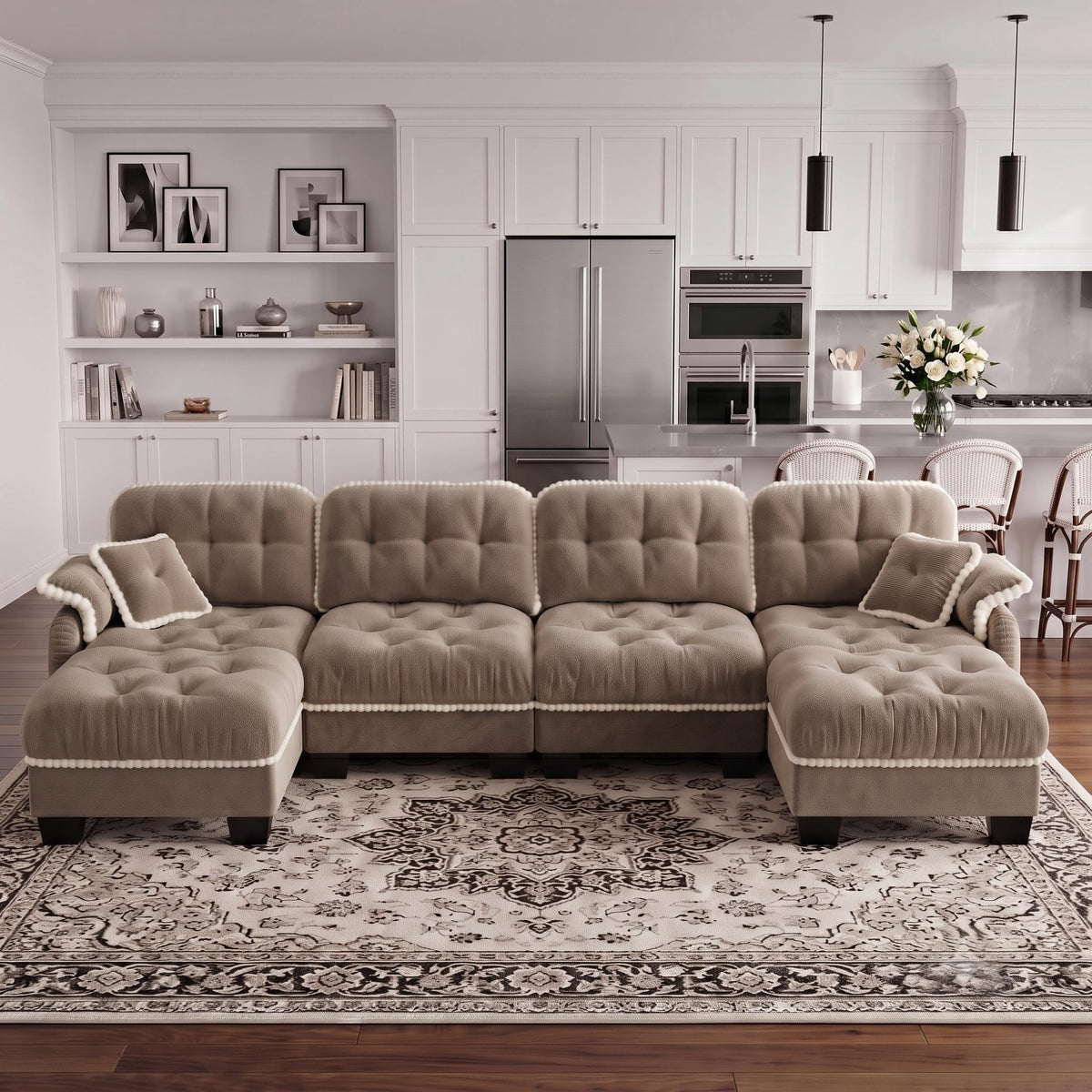 100.7" Chenille Cloud 3-Seater Sofa, Tufted Deep Seat Couch with Pom-Pom Trim & 4 Pillows, Ergonomic Easy Assembly Modular Sofa for Living Room & Apartment（Green ）