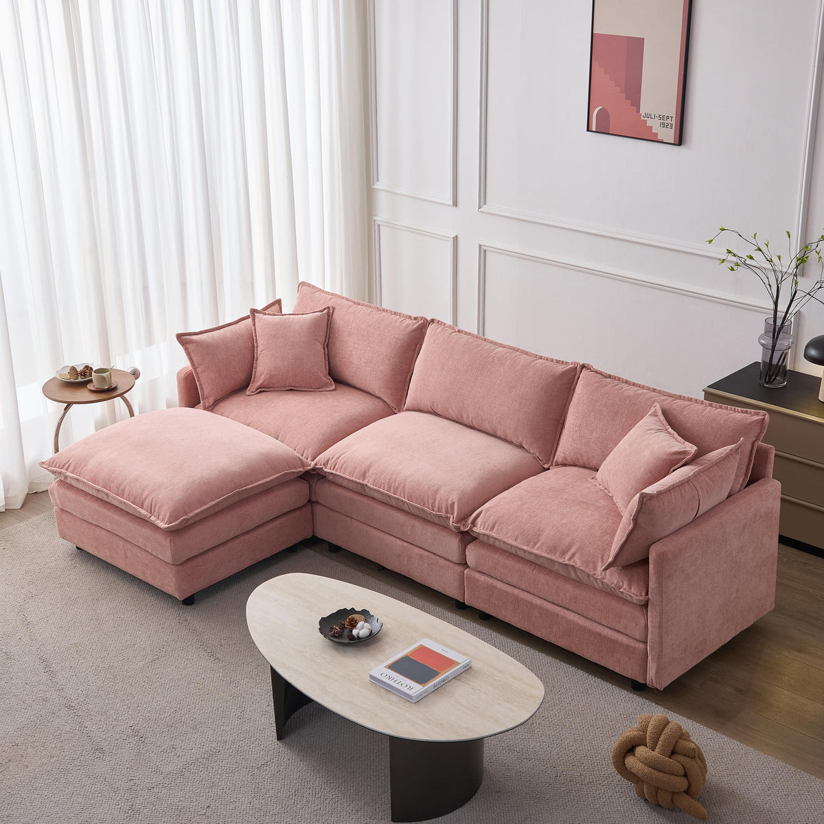 105 Inch Modular L Shaped Sofa with Ottoman, 3 Seater Chenille Fabric Sectional Couch, Independent Pocket Spring & High Density Foam Cushion, Solid Wood Frame Tool (Three White Seats)