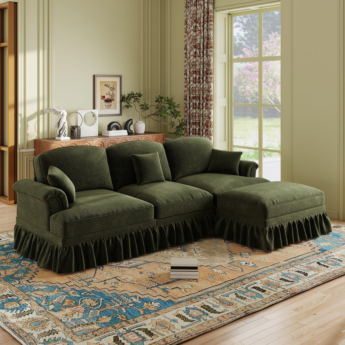 107'' Modern Sectional Sofa, Upholstered U-Shaped Couch with Removable Ruffles Pleats Skirts, Silver Chenille Cloud Couch, Ottoman, Flared Arms, 4-Seat Couches for Living Room, Bedroom, Camel