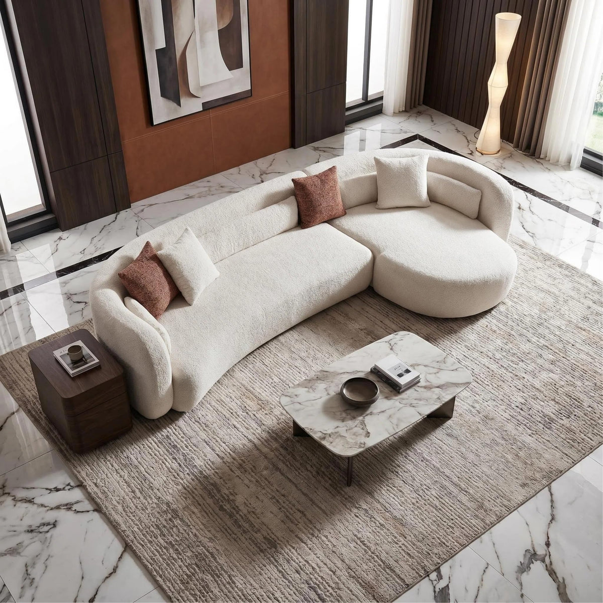 132" Luxury Curved Boucle Sofa, Light Beige L-Shaped Sectional Couch