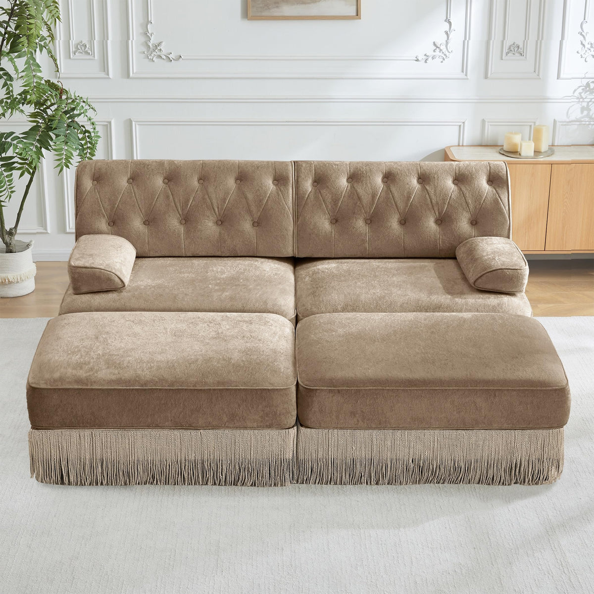 Velvet Modular Sectional Sofa, 135.6 Inch Chesterfield Style, Camel