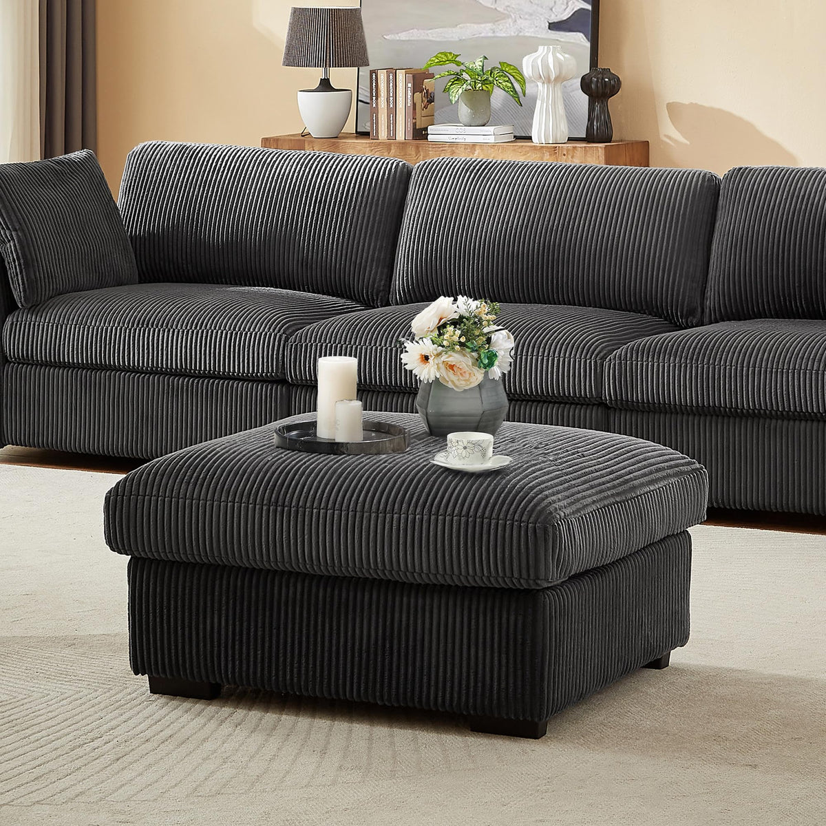 130" Sectional Couches for Living Room Boneless Couch Upholstered Cloud Couch Sectional Modular Sectional Sofa with L Shaped (Dark Grey, 3 Seat+1 Ottoman)