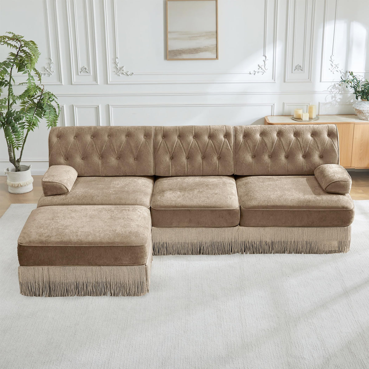 Velvet Modular Sectional Sofa, 135.6 Inch Chesterfield Style, Camel