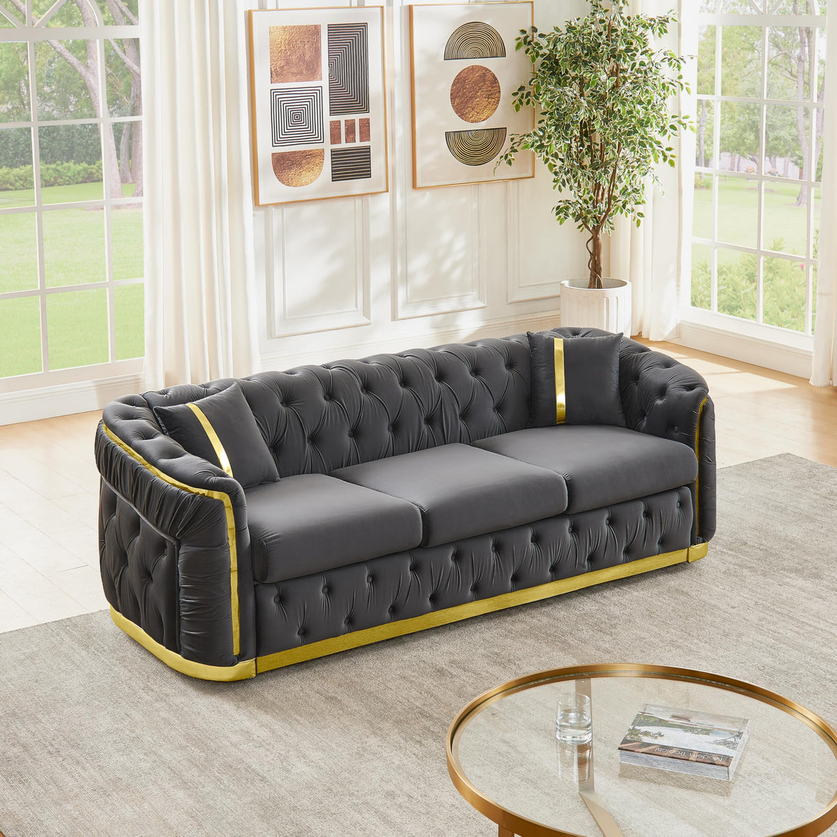 Tufted Velvet Chesterfield 3 Seater Sofa, 84.6 Inch Living Room Couch with Gold Trim and Wood Frame (Gray)