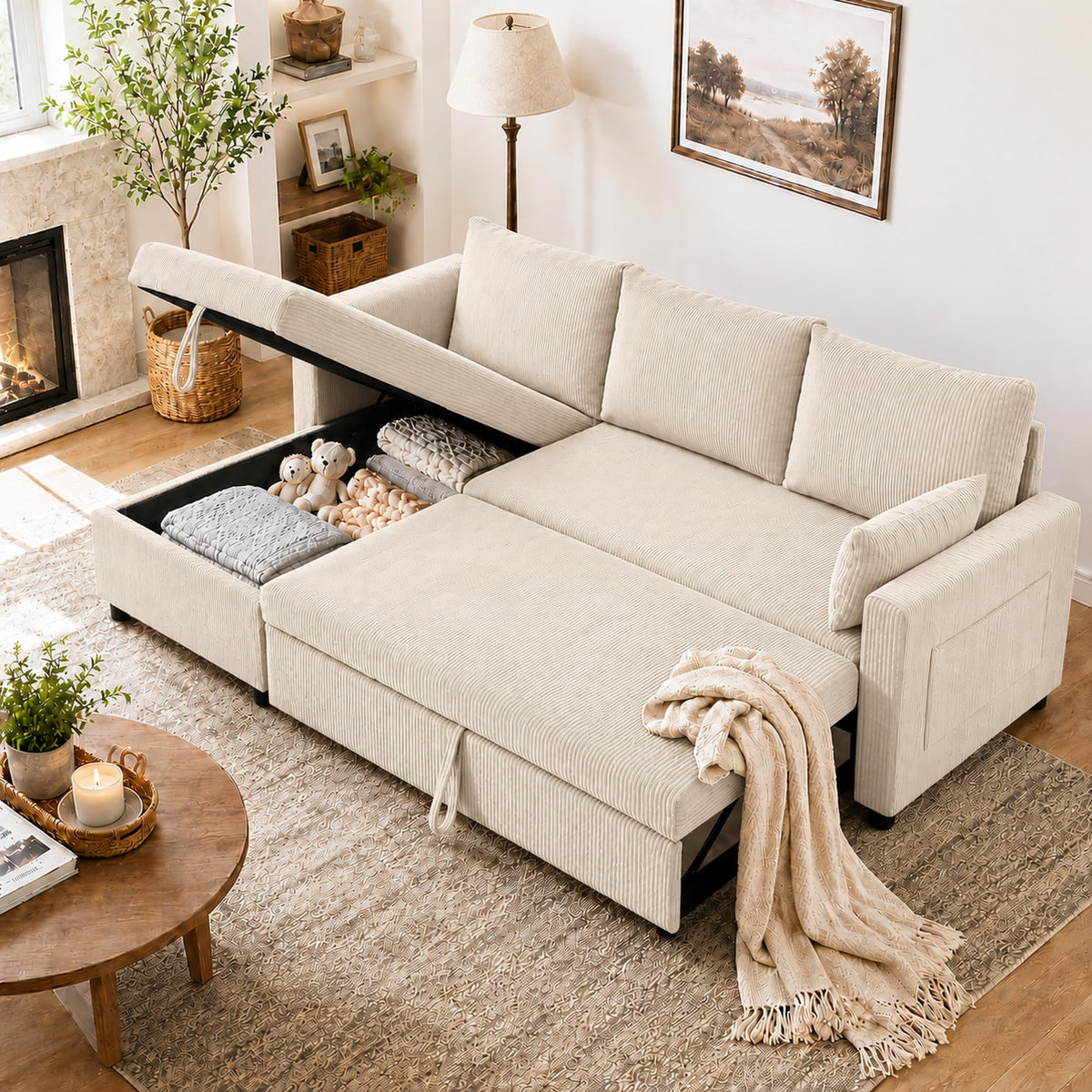 104.5" Sleeper Sectional Sofa Bed, L-Shaped Pull Out Couch