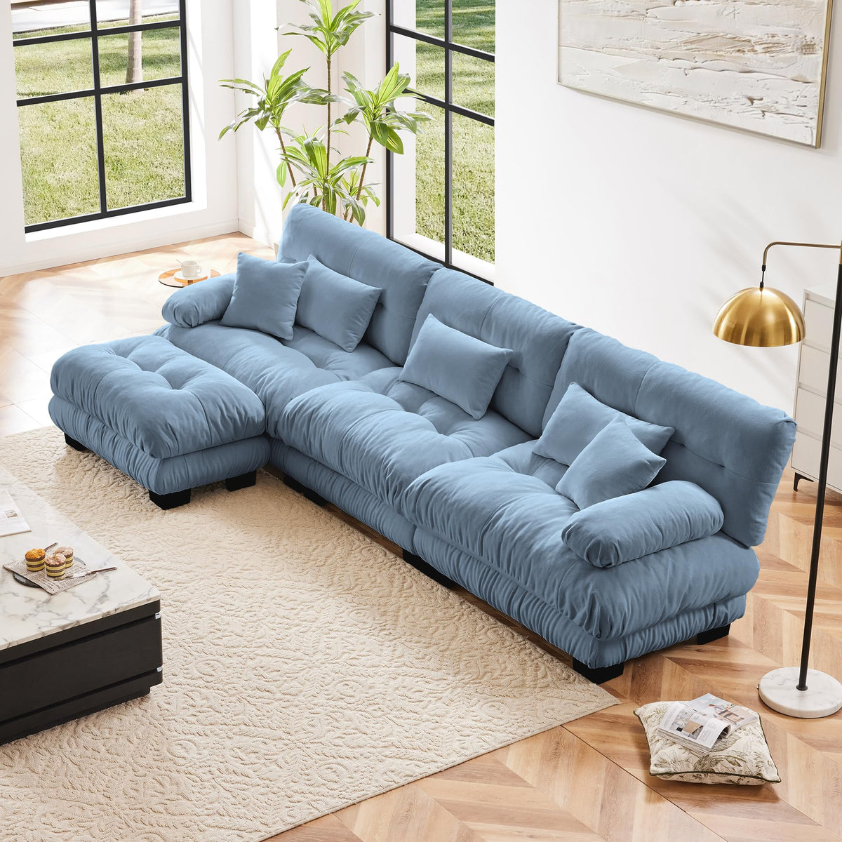 130" Modular Sectional Sofa,Velvet Upholstered Couches for Living Room,3 Seater Green Sofa Couch with Movable Ottoman,Big Comfy Loveseat Sofa with Deep Seats for Living Room,Apartment,Bedroom