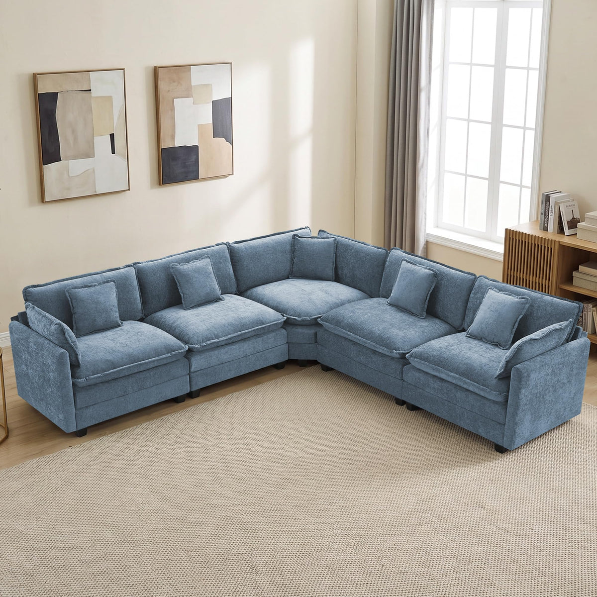 113" V-Shaped Cloud Couch, Modular Sectional for Living Room, Light Grey