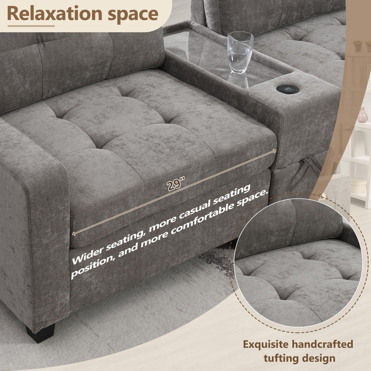 104'' Sectional Sofa with Acrylic Table Top,Chenille U Shaped Couch Set with 2 Consoles,USB Charger,Storage Drawers and Pockets,Movable Ottoman,Tufted Sofa for Living Room,Apartment, Gray