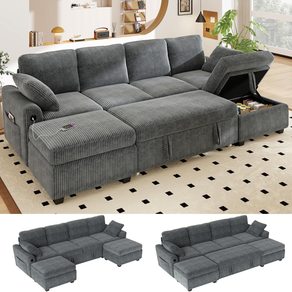 WorthFurni 104" Oversized 6 Seat L Shaped Sectional Sofa, Corduroy Convertible Couch with Pull Out Bed, Movable Storage Ottoman, USB Port, 2 Pillows & Storage Pocket for Living Room（Gray）
