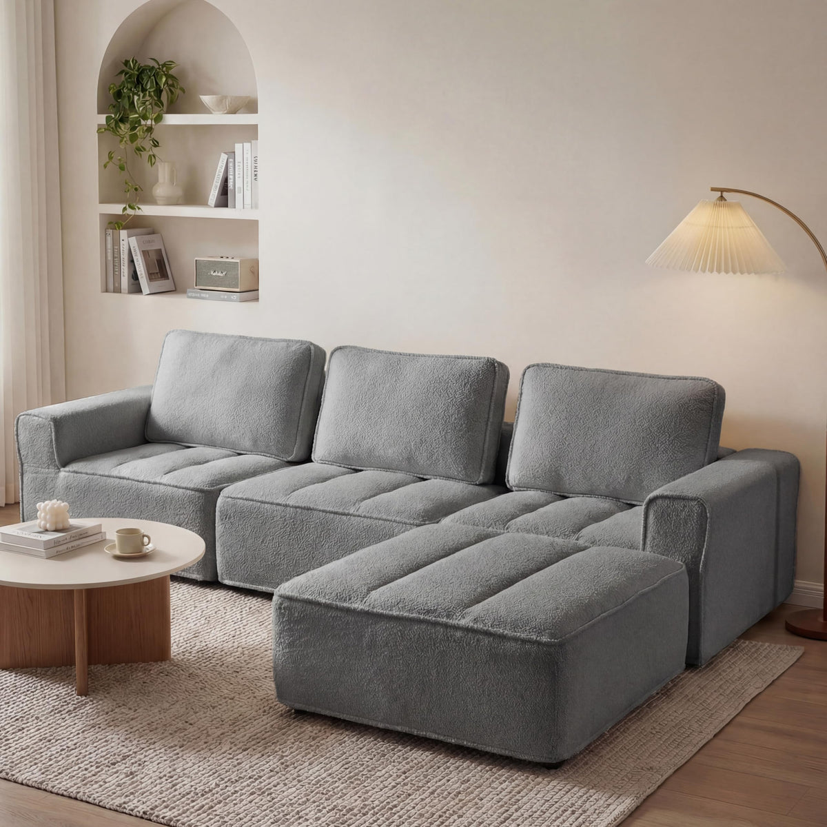 Vipbear 145" U Shaped Modular Sectional Sofa with Ottoman, Boneless Comfy Couch with Layered Cushion, Upholstered Couch in a Box, Flexible Module Combination for Living Room, No Assembly, Grey