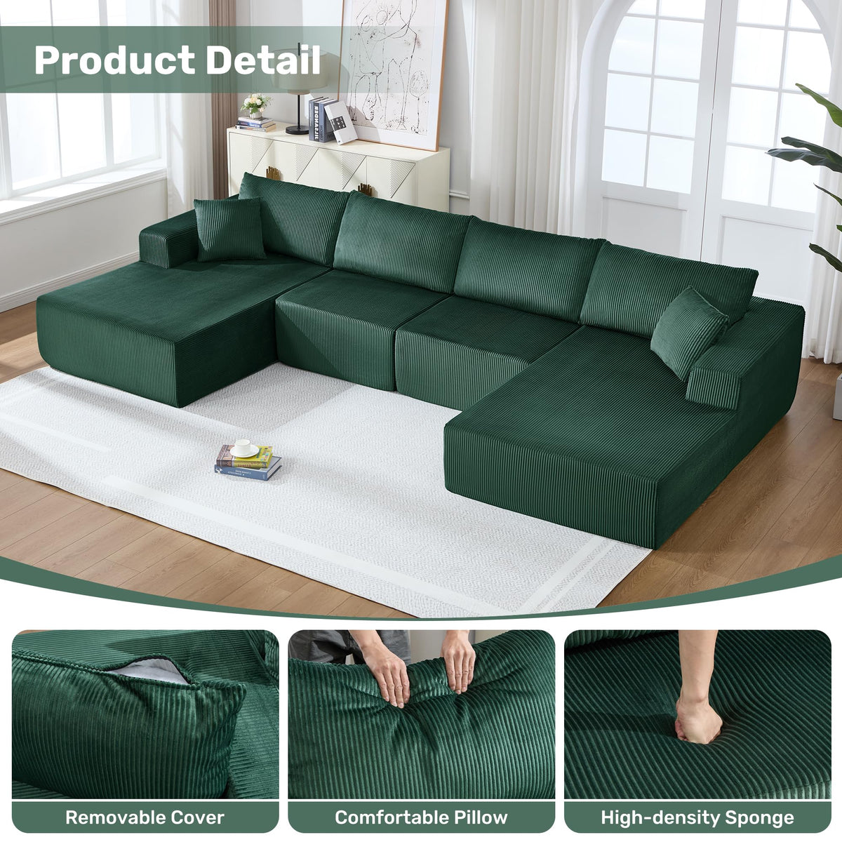 U-Shape Sectional Couch for Living Room,4 Seater Boneless Sofa Couch for Living Room Bedroom Apartments,146" Modular Sectional Corduroy Couch with Deep Seat,No Assembly Green