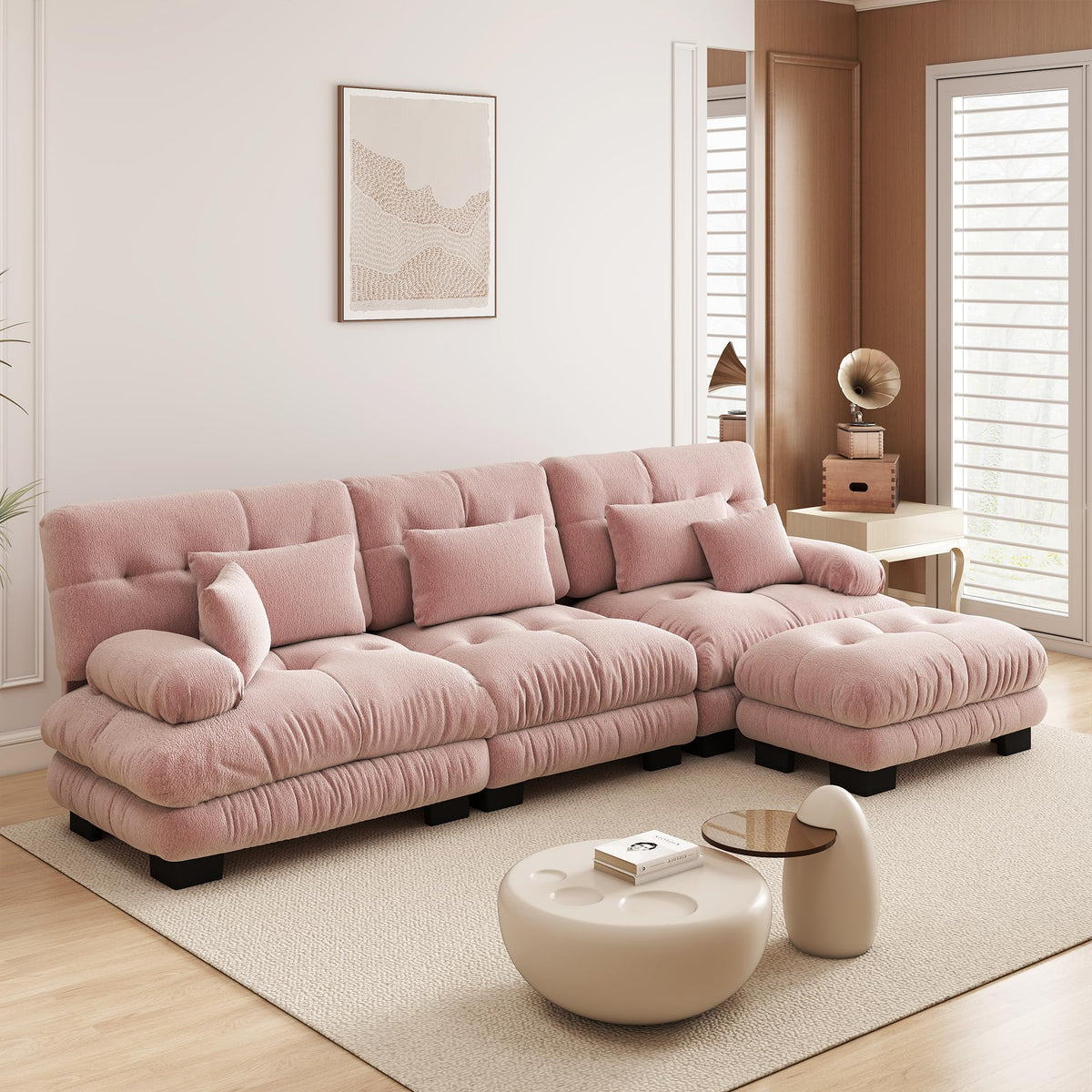 Velvet Modular Sectional Sofa,130" W Oversized U Shape Cloud Couch with 2 Ottomans,Free Combined 3 Seater Comfy Sofa with Bolster Armrest Pillows,Green for Living Room