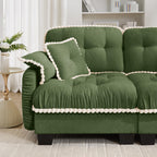100.7" Chenille Cloud 3-Seater Sofa, Tufted Deep Seat Couch with Pom-Pom Trim & 4 Pillows, Ergonomic Easy Assembly Modular Sofa for Living Room & Apartment（Green ）