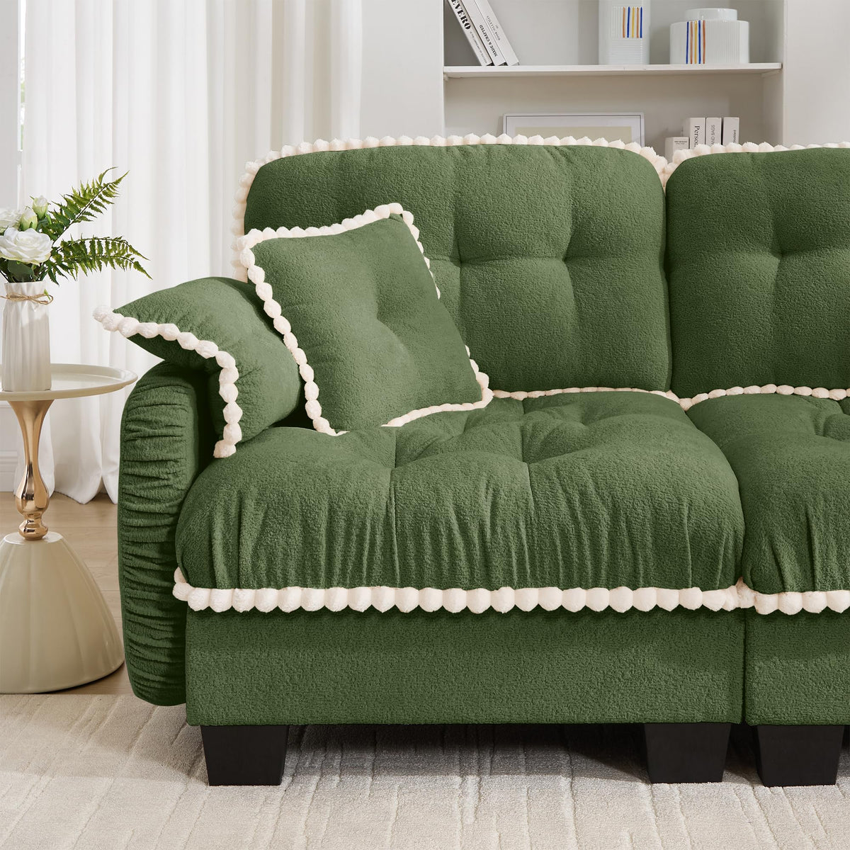 100.7" Chenille Cloud 3-Seater Sofa, Tufted Deep Seat Couch with Pom-Pom Trim & 4 Pillows, Ergonomic Easy Assembly Modular Sofa for Living Room & Apartment（Green ）