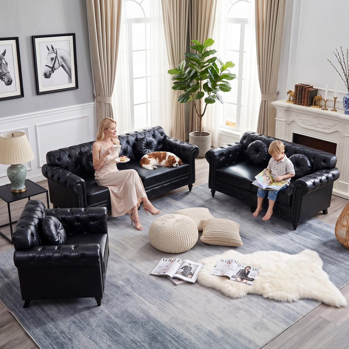 XUZENEST 3-Piece Chesterfield Sofa Set with 3-Seater Sofa&Loveseat&Chair