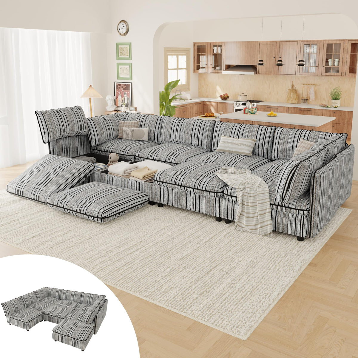 125" Modular Sectional Couch with Hidden Storage, Convertible L U Shaped Sleeper Sofa Bed with Stripe Pattern, 8 Seat Modular Sectional Couch with Ottoman Chaise & Removable Covers for Living Room