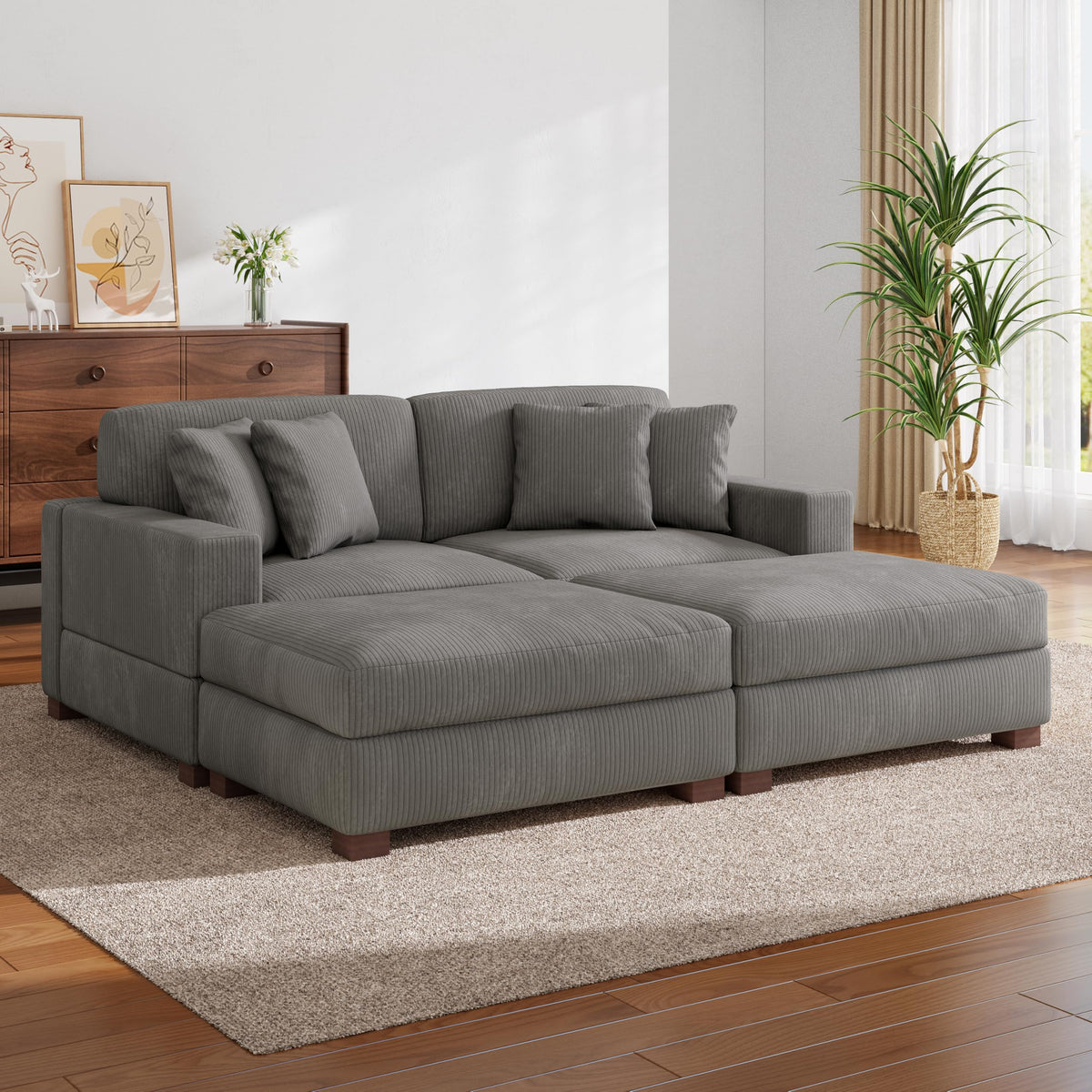 118.3" L-Shaped Modular Sectional Sofa with Chaise, Comfy Corduroy Fluffy Couch with Deep Seat, Flexible Module Combination for Living Room, Cotton Flannel Light Brown