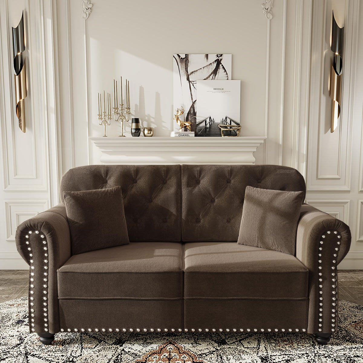 Velvet Chesterfield Sofa with Rolled Arms & Nailhead Trim, Modular Sectional Sofa Couches, Modern Cloud Sofa with Button Tufted, for Living Room, Bedroom, Small Space