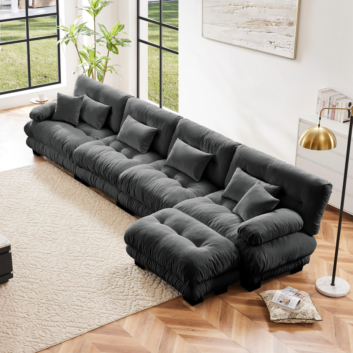 130" Modular Sectional Sofa,Velvet Upholstered Couches for Living Room,3 Seater Green Sofa Couch with Movable Ottoman,Big Comfy Loveseat Sofa with Deep Seats for Living Room,Apartment,Bedroom
