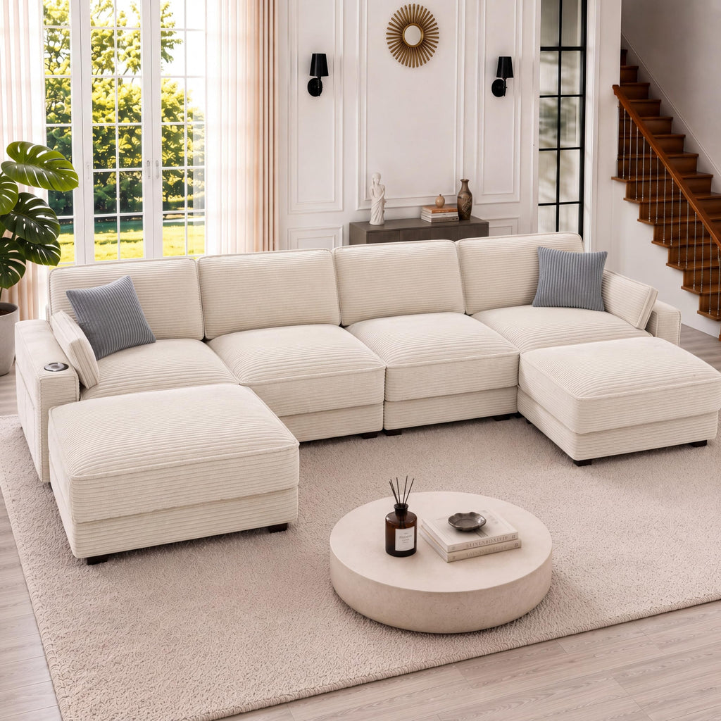 Vipbear 120" Modular Sectional L Shaped Sofa Couches for Living Room,3 Seat with 1 Movable Ottoman,Comfy Corduroy Sofa with USB Port,Side Pocket,Pillow,Green