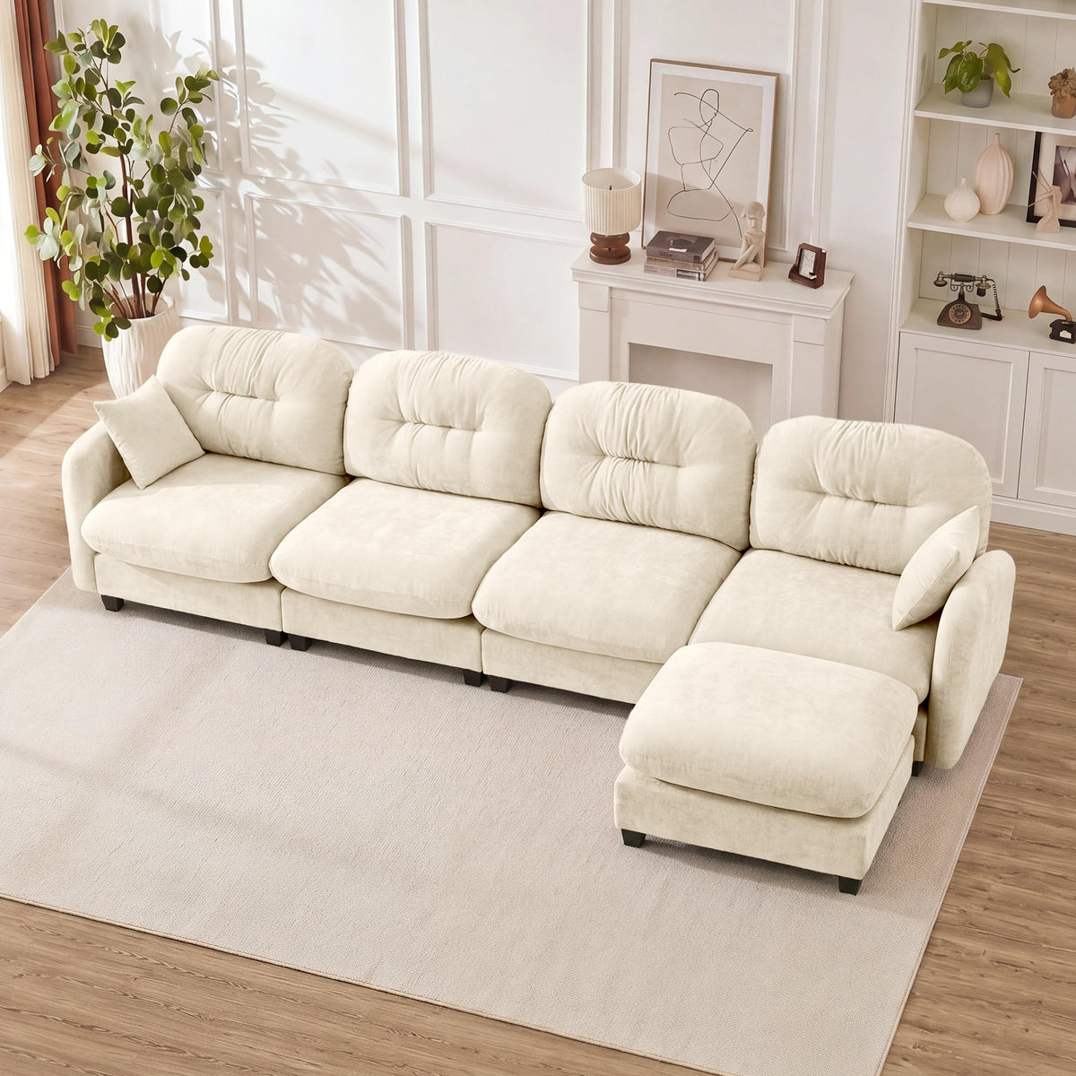 107" Modular Sectional Sofa with Ottoman Pink Chenille L Shaped Couch