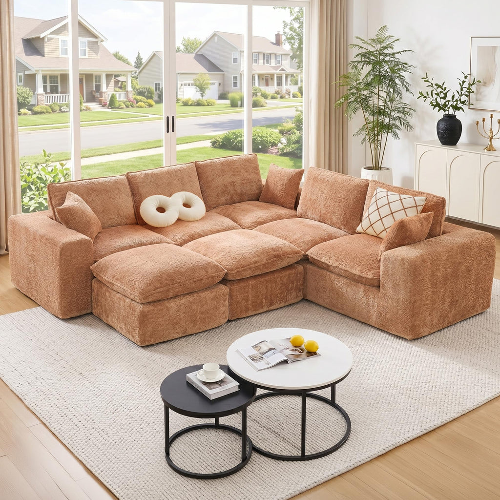 107'' Modular Sectional Sleeper Sofa, 5 Seater Corner Couch, Modern L Shaped Sectional Couch with Ottoman, Boneless Cloud Couches for Living Room (Green, L Shaped Sofa (5+2))