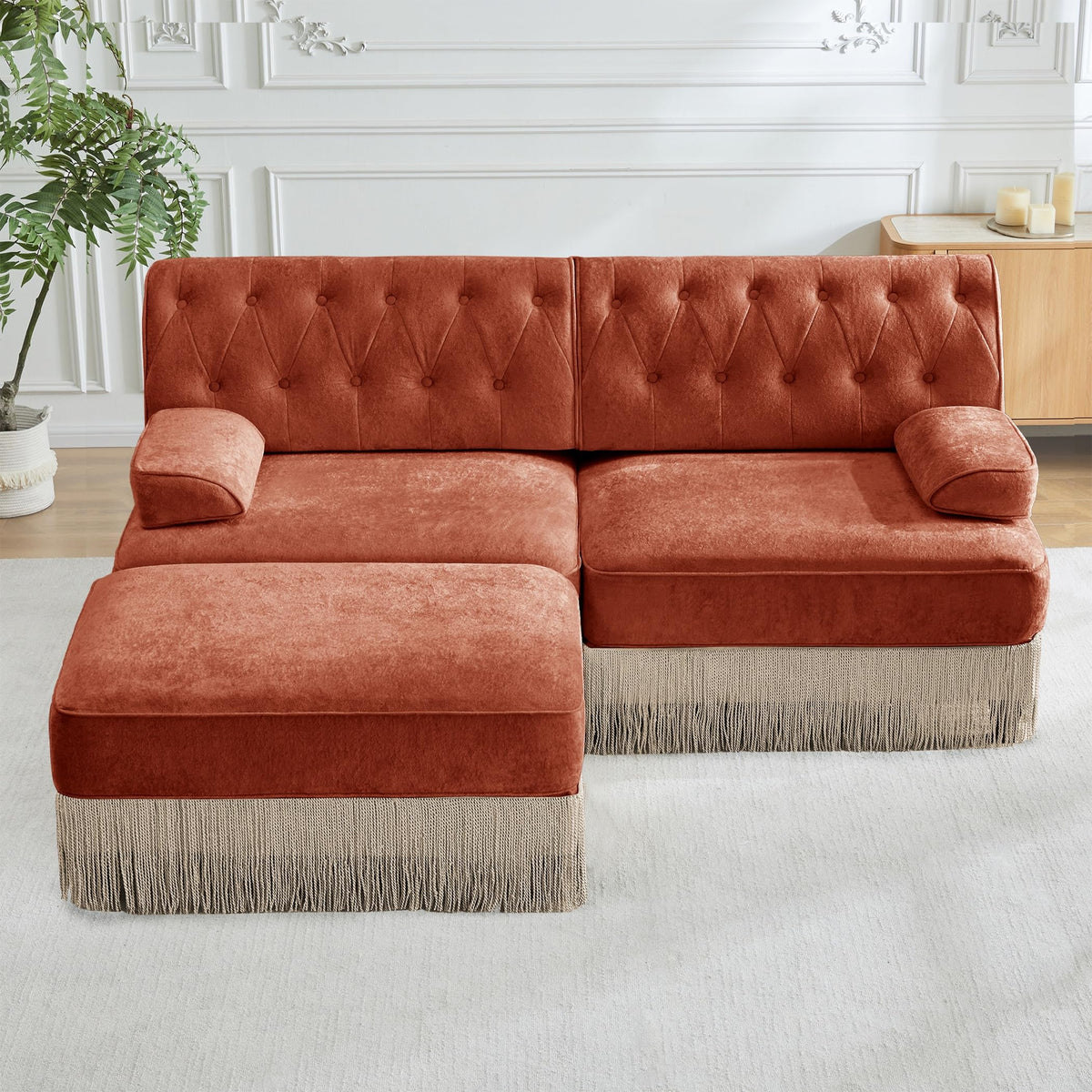 Velvet Modular Sectional Sofa, 135.6 Inch Chesterfield Style, Camel