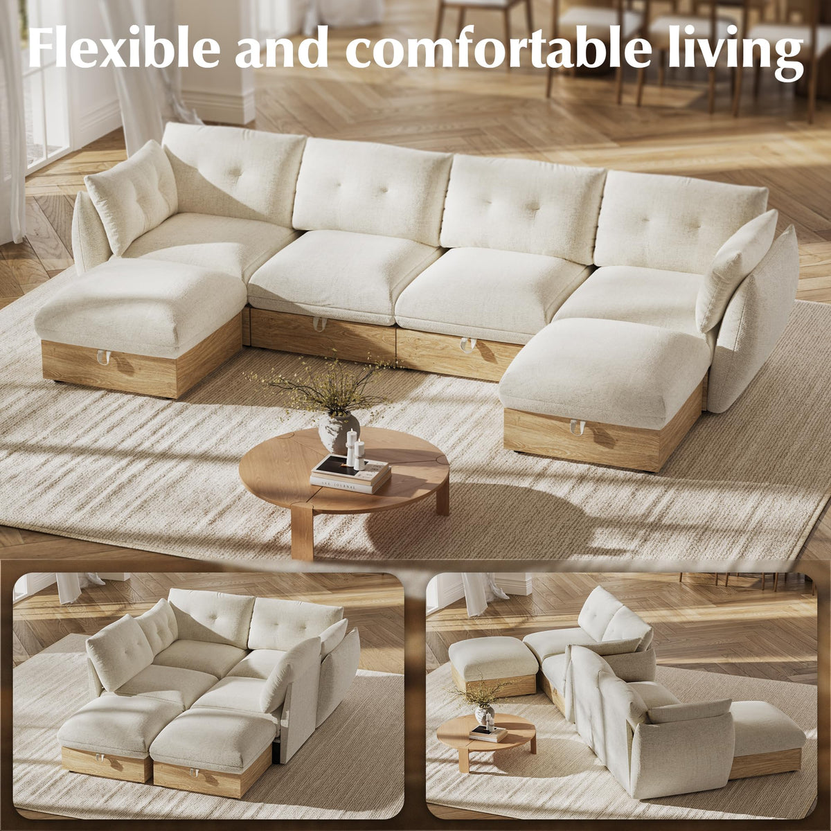 134" L Shaped Cloud Couch Sectional Modular Sofa with Storage, Modular Deep Seat Couch Oversized Sofa with Ottoman, Armrest Pillow, Easy Assembly for Living Room, Apartment, Office, Ivory