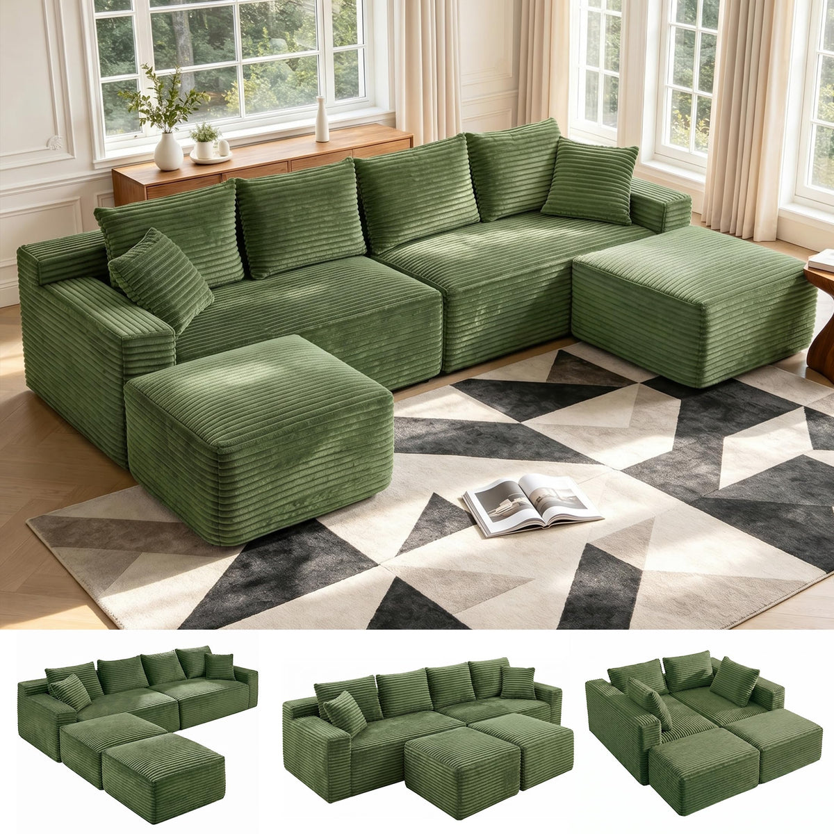 127" U-Shaped Boneless Sofa with Center Console for Living Room, Brown