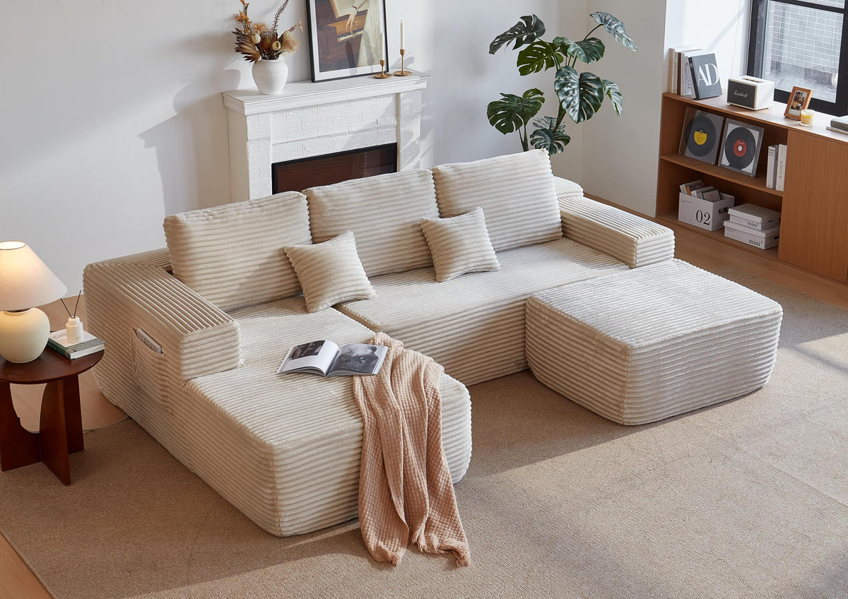 105.7" Cloud Sectional Couch with U Shaped Chaise,Modular Sofa with Deep Seat, Upholstered Couches for Living Room Bedroom,No Assembly Required,(Plush Fabric),Beige JB748