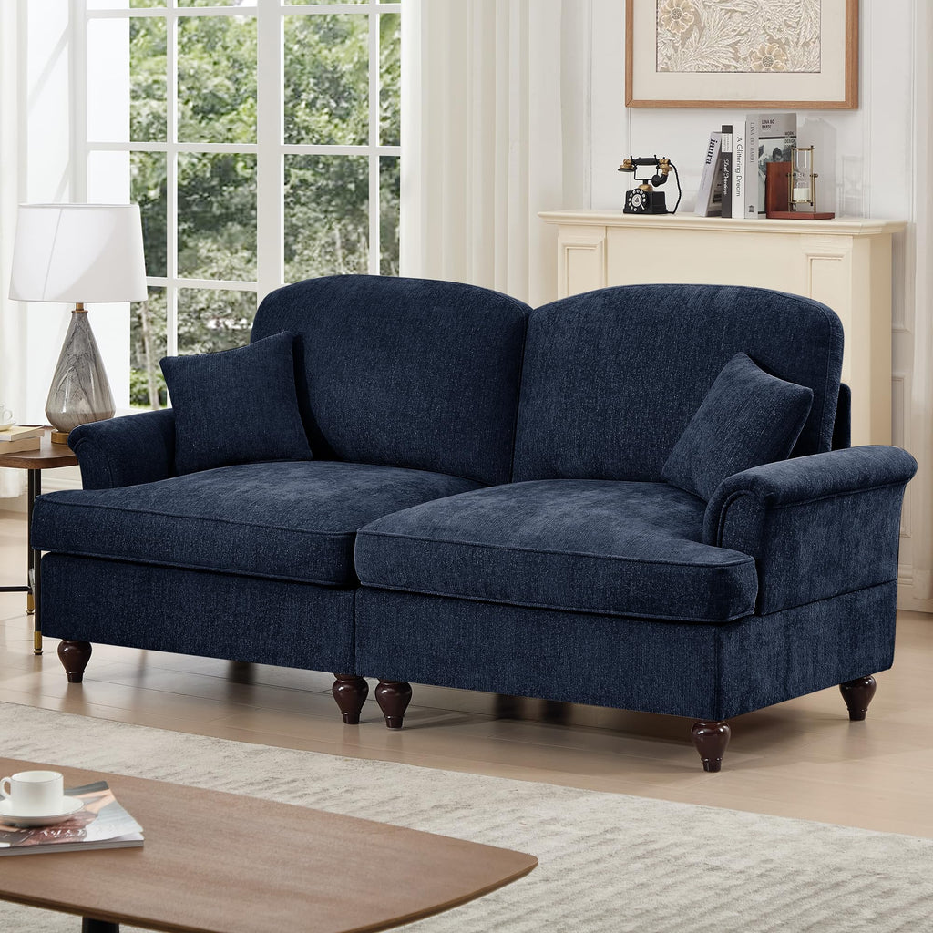 Tidyard Elegant Mid-Century Two-Seater Sofa with Flared Arms, Removable Ruffles, Spindle Legs & Chenille Fabric, Comfy Living Room Couch, Blue