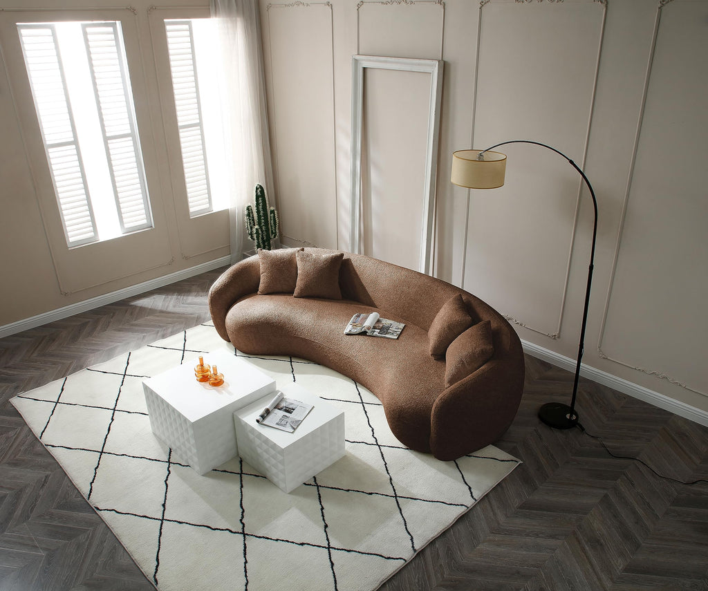 102'' Modern Minimalist Curved Lounge Sofa Oversized Teddy Velvet Fabric Upholstered 5-Seater Comfortable Half-Moon Sofa with 4 Cushions for Offices, Apartments and Living Rooms (Brown + Boucle)