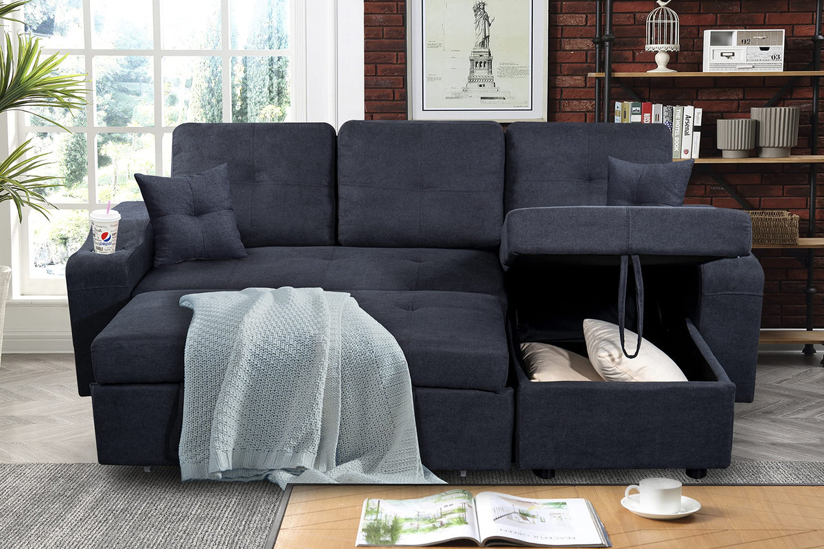 Tidyard Right-Facing Sectional Sofa with Footrest, Convertible Corner Couch with Storage Armrest, Pull-Out Sofa Bed, Double Cup Holders, Dark Grey, Modern Living Room Furniture