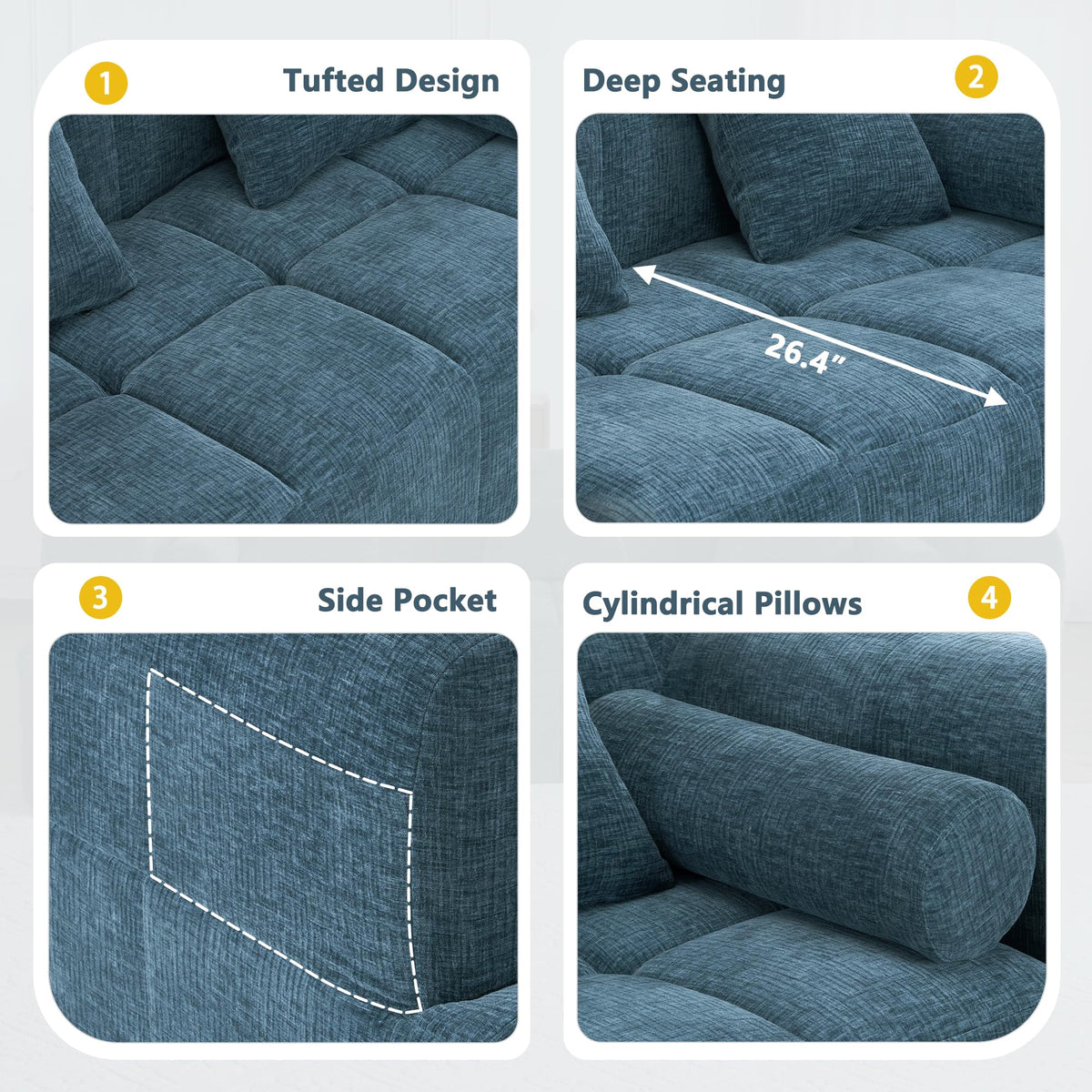 101.2" L-Shaped Sectional Sofa | Chaise Deep Seat | Chenille 3-Seater Sofa with Pillows & 2 Side Pockets| Blue Living Room Furniture| Modular Compressed Couch