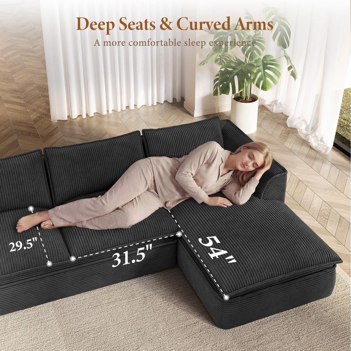 Vesgantti Oversized U Shaped 7 Seater Boneless Couch with Chaise, Black