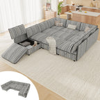 125" Modular Sectional Couch with Hidden Storage, Convertible L U Shaped Sleeper Sofa Bed with Stripe Pattern, 8 Seat Modular Sectional Couch with Ottoman Chaise & Removable Covers for Living Room