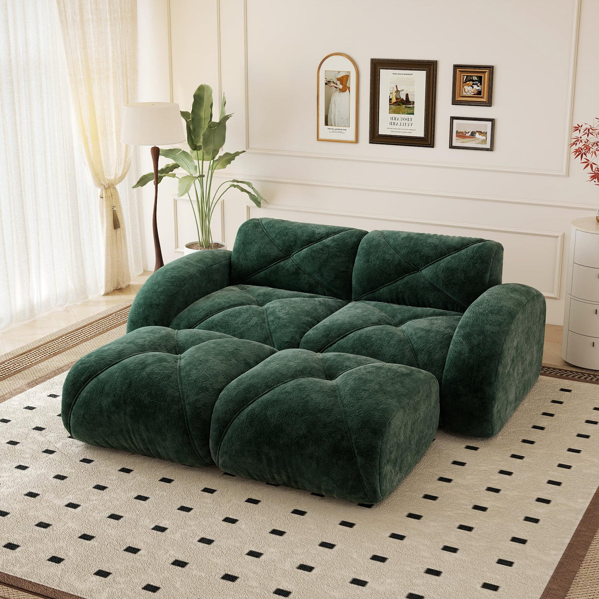 110.6" U Shaped Boneless Couch with Ottoman, Convertible Modular Sectional Cloud Sofa, Deep Seat 5 Seater Velvet Couch, 32D High Density Foam Sofas for Living Room, No Assembly Required, Camel