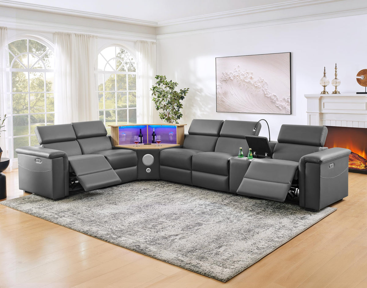 130" L-Shaped Power Reclining Sectional Sofa 5 Seater，Leather Electric Recliner Couches for Living Room with Motorized Lift Cabinet & loudspeakers Ambient LED, Black