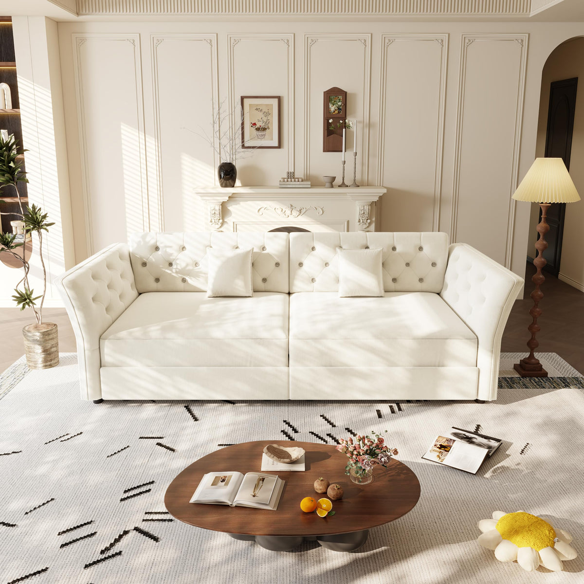 100" Oversize Pull Out Sofa Bed, Convertible Sleeper Sofa with Handmade Fabric Flower Tufted Design,Multi Functional Velvet Loveseat Bed for Living Room,Bedroom,Apartment,Beige,White