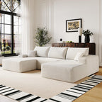 107" Plush Corduroy Deep Seat Chaise Lounge Indoo, Modern Boneless Compressed Floor Sectional Sofa with High-Resilience Foam, Free Combination Modular Cloud Sectional Sofa for Living Room, White