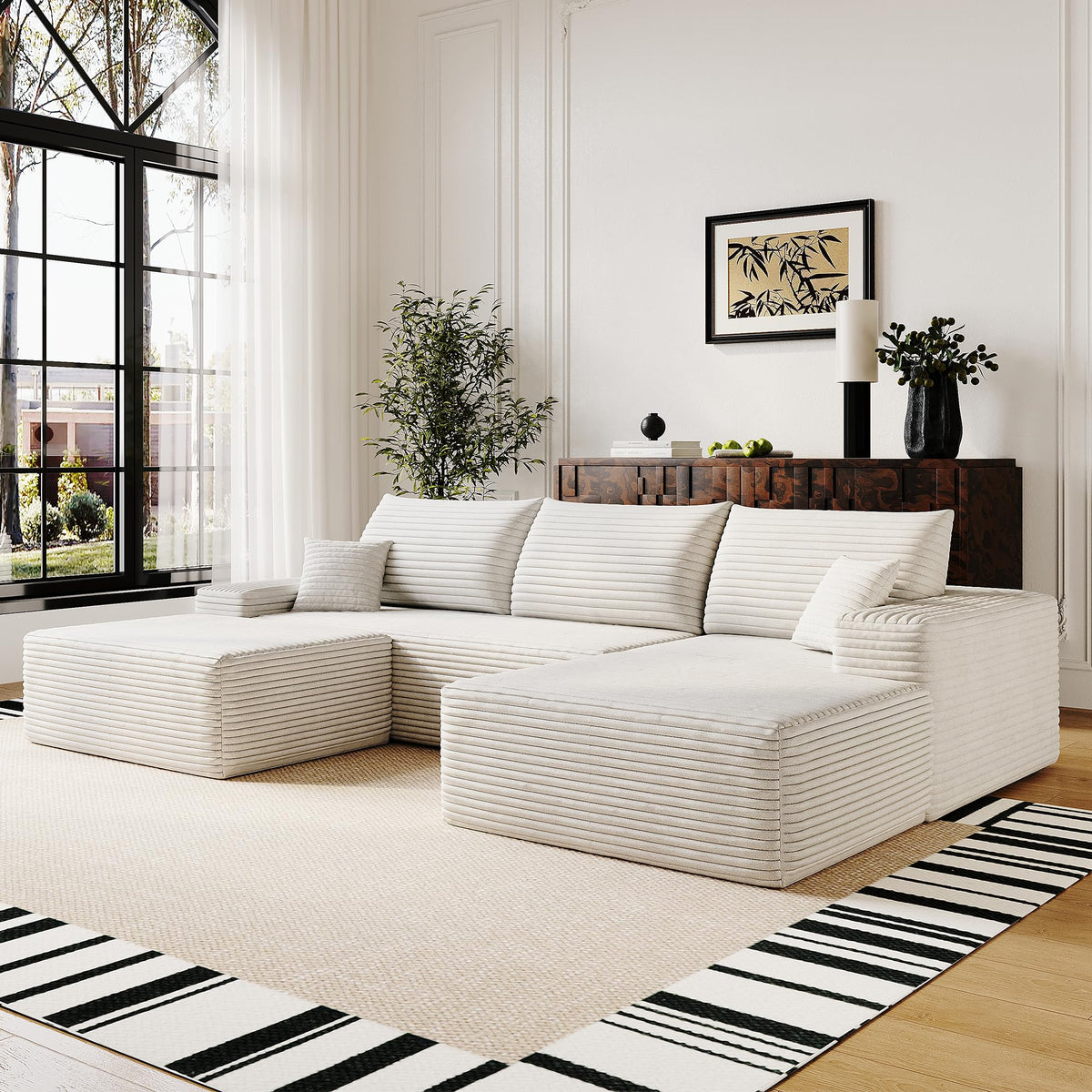 107" Plush Corduroy Deep Seat Chaise Lounge Indoo, Modern Boneless Compressed Floor Sectional Sofa with High-Resilience Foam, Free Combination Modular Cloud Sectional Sofa for Living Room, White