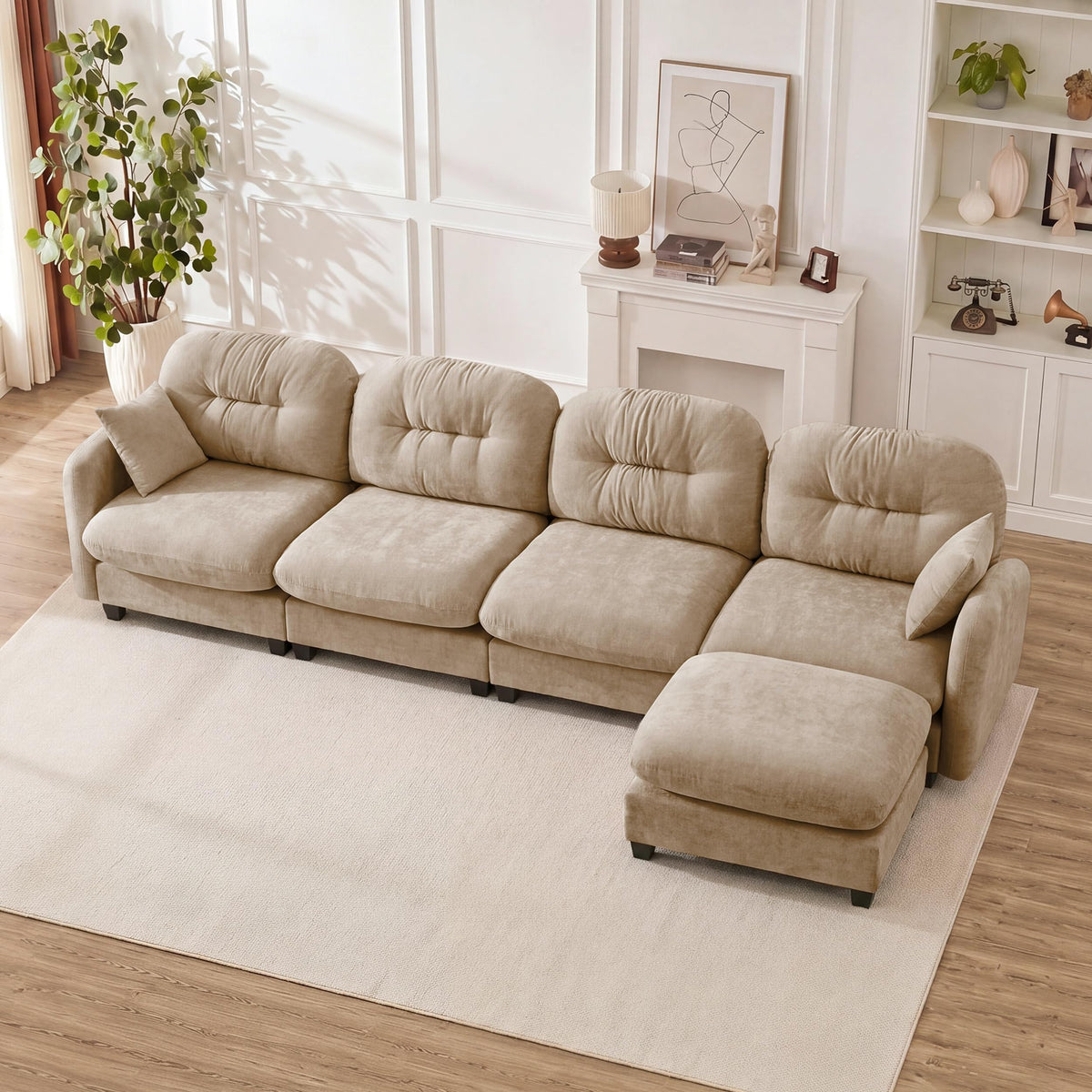 107" Modular Sectional Sofa with Ottoman Pink Chenille L Shaped Couch