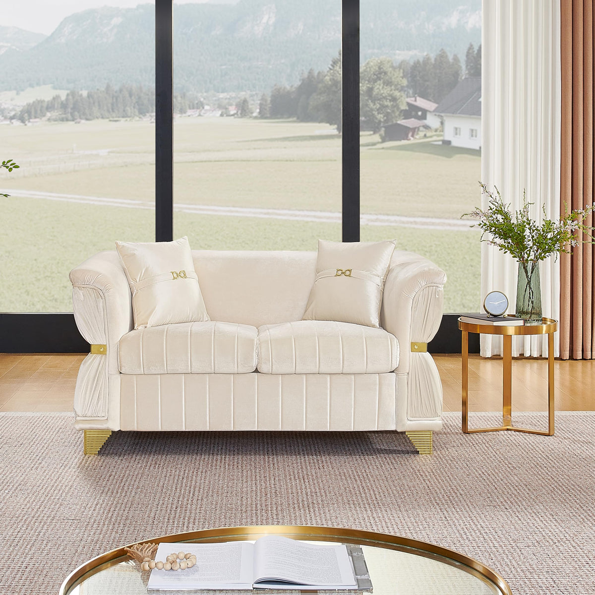 WinJoy 2 Piece Set Modern Velvet Three Seater and Two Seater Sofa Upholstered Luxury Couch with 4 Pillows Gold Metal Trim Tapered Gold Legs & Curved Armrests for Living Room Beige