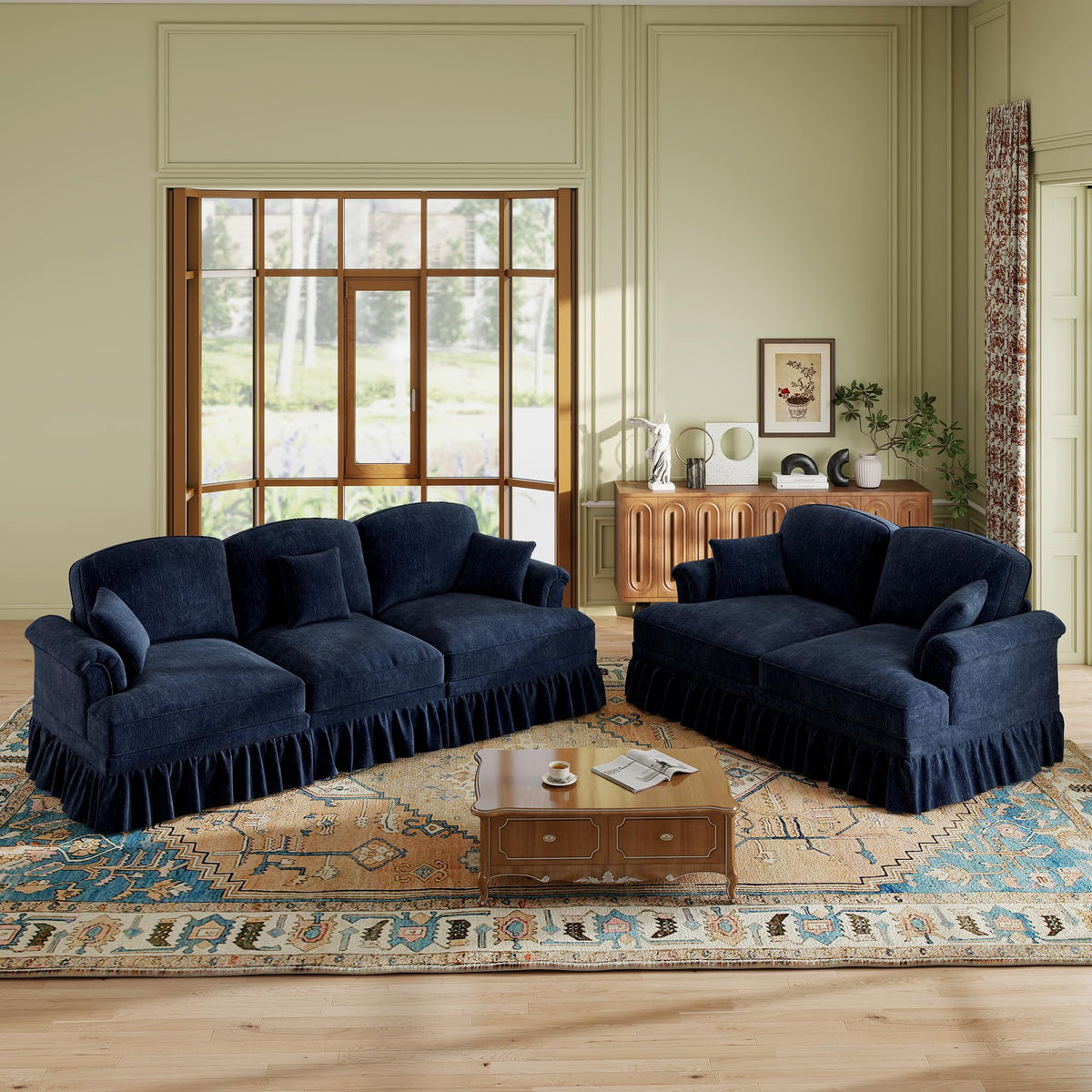 107'' Modern Sectional Sofa, Upholstered U-Shaped Couch with Removable Ruffles Pleats Skirts, Silver Chenille Cloud Couch, Ottoman, Flared Arms, 4-Seat Couches for Living Room, Bedroom, Camel